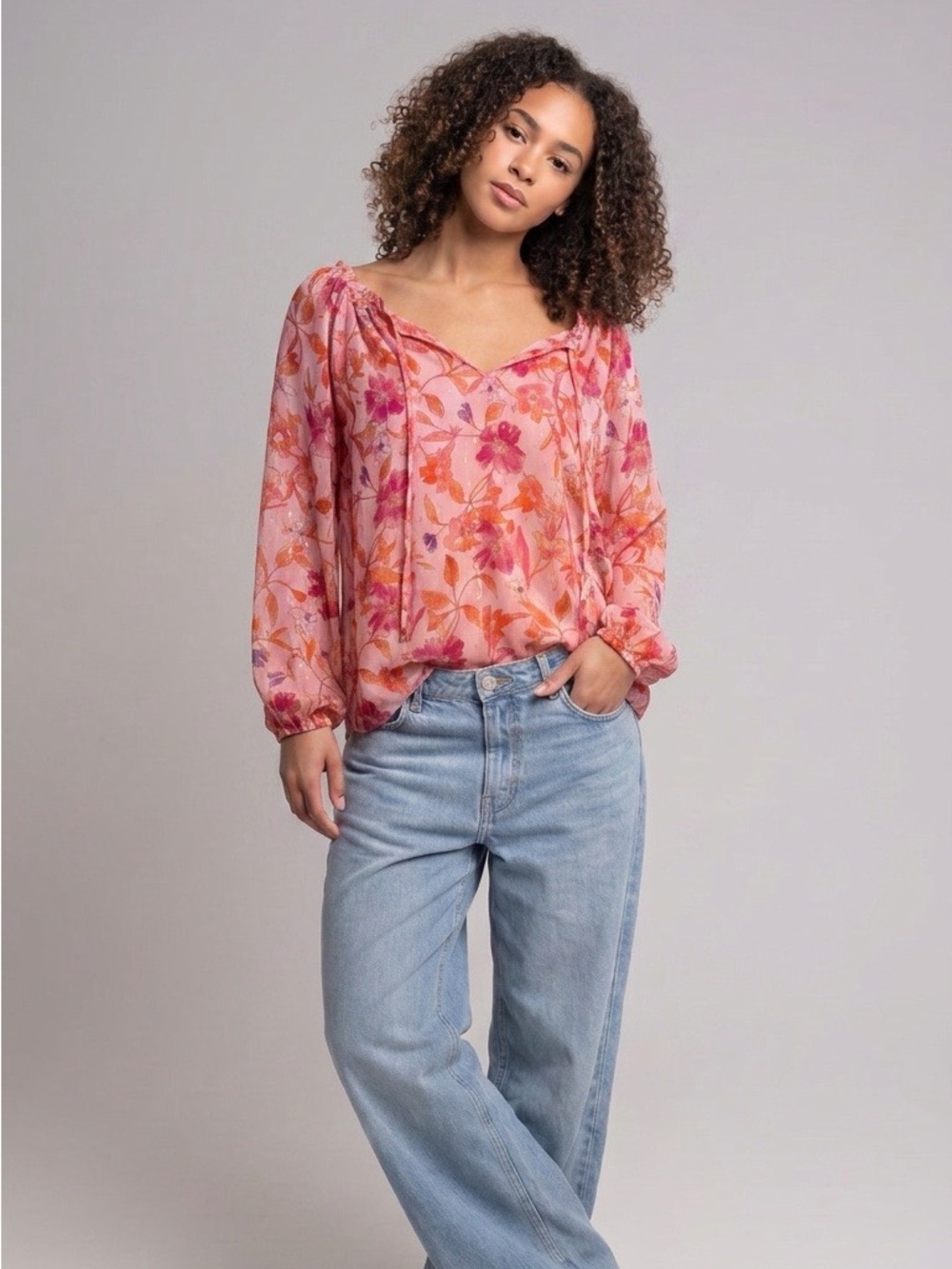 Misa Los Angeles Pink Floral Peasant Top